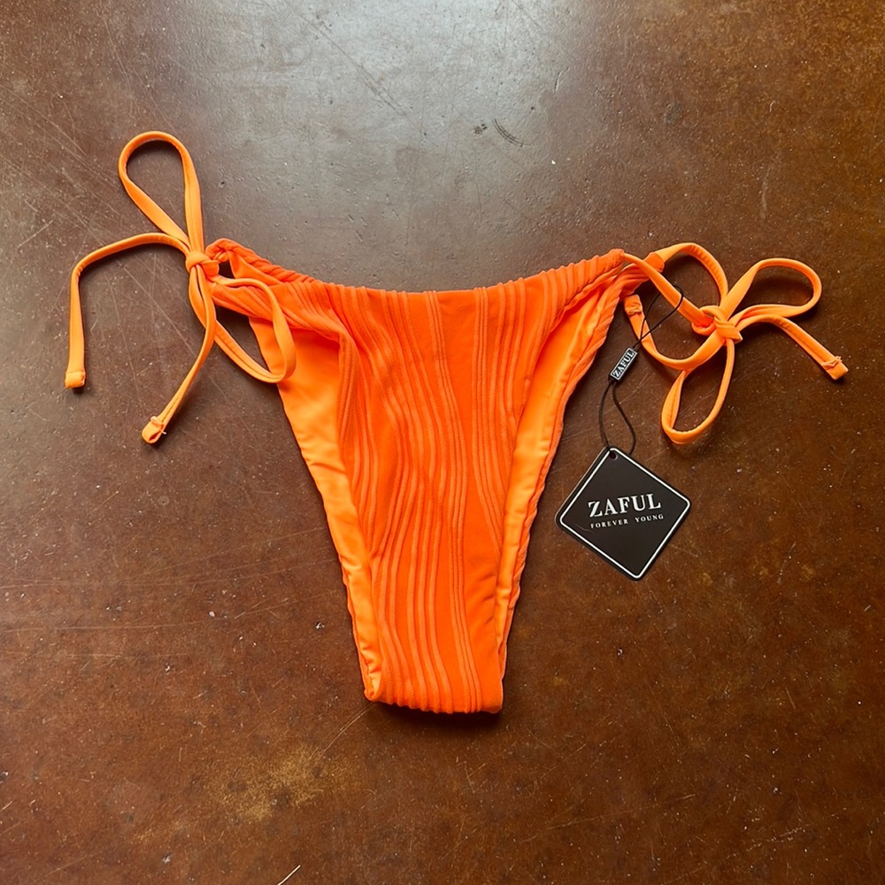 NWT Zaful Neon Orange Ribbed High Cut Tie Bikini Bottoms